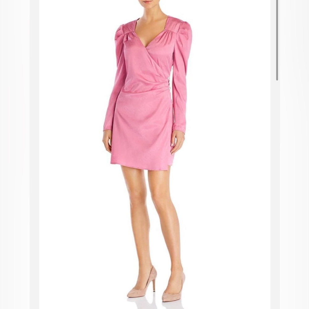 $249 WAYF Womens Pink Surplice V-Neck Puff-Sleeve Faux-Wrap Sheath Mini Dress M